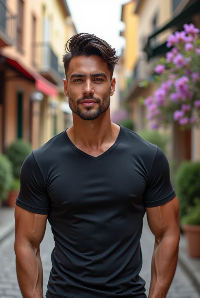 Attractive smiling man, Dark brown hair, Stylish and elegant, A tight fitting, muscular T-shirt, A man who looks like Brad Pitt, (Realistic and high quality images), The background is a street with small purple flower prizes on both sides., ((Highest quality, 8k, masterpiece).