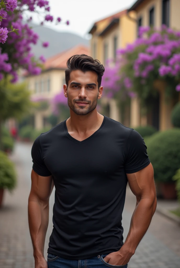 Attractive smiling man, Dark brown hair, Stylish and elegant, A tight fitting, muscular T-shirt, A man who looks like Brad Pitt, (Realistic and high quality images), The background is a street with small purple flower prizes on both sides., ((Highest quality, 8k, masterpiece).