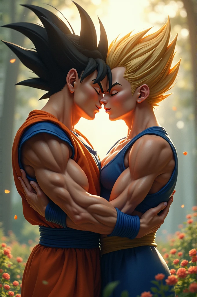 Goku kissing Vegeta with tongue