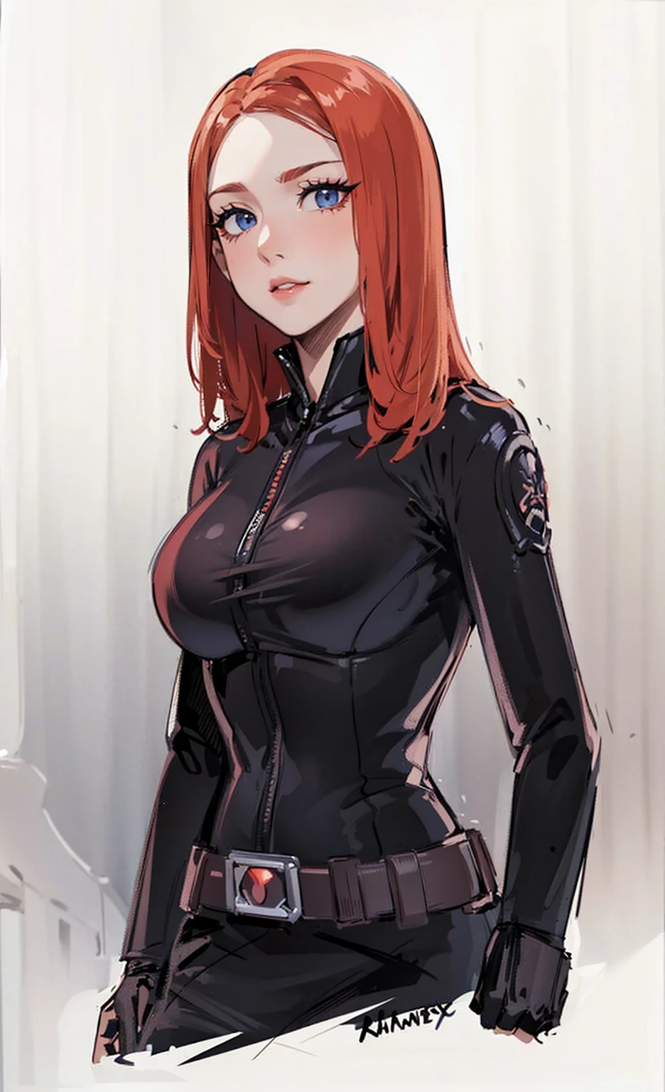 The image depicts Black Widow. She is illustrated with bright red, shoulder-length hair and blue eyes, and is clad in a sleek skin-tight shiny black latex bodysuit with a black silver zipper running down the front. The suit is complemented by her shiny iron wrist guard on both wrists and a metal belt with a buckle that features a red hourglass mark. Her gaze is intent and directed off-screen, implying alertness and focus on an unseen threat or target. She appears with a cute smile on her face. The atmosphere of the image conveys confidence and resilience, characteristics synonymous with the Black Widow persona. The background of the image is an off-white color, which creates a subdued and timeless ambiance.