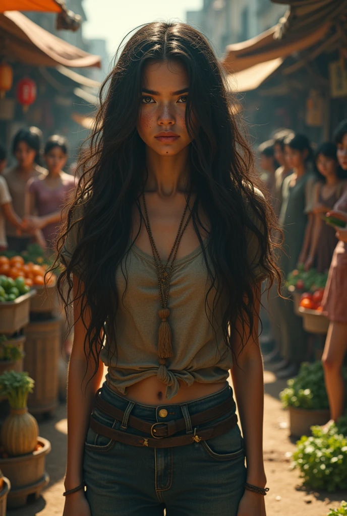 Young woman with long black hair, dressed in torn and ugly clothes, stands on her back in the middle of a vegetable market where everyone sees her., Realistic digital art, vintage color palette, realistic textures, dramatic lighting, 4k image