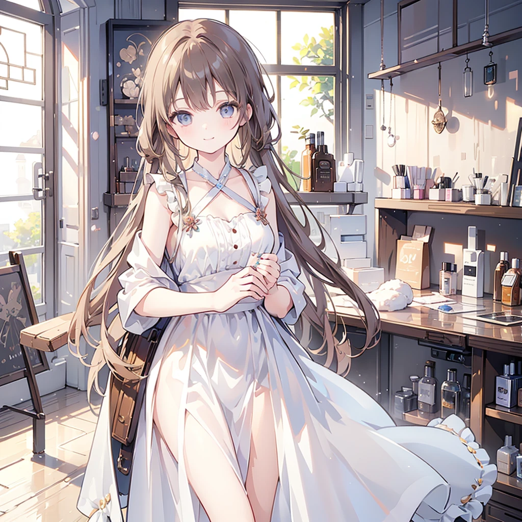 ((masterpiece,best quality)), 4K, high resolution, 1 Girl, Solitary, Smile, Brown dress, (Perfumer Equipment 2:1.2),