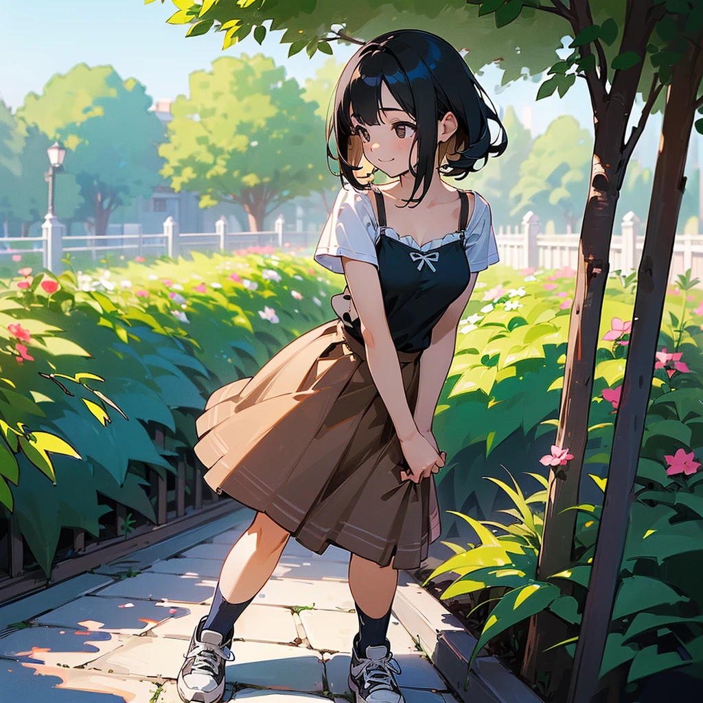 (high quality, High resolution, Very detailed, reality:1.37), Peaceful atmosphere, (Outdoor, garden), Teenage girl standing alone, (my breasts are big.), Beautiful details, Cute Smile, (Black bob hair), camisole, Brown Skirt, Blue socks, sneakers.