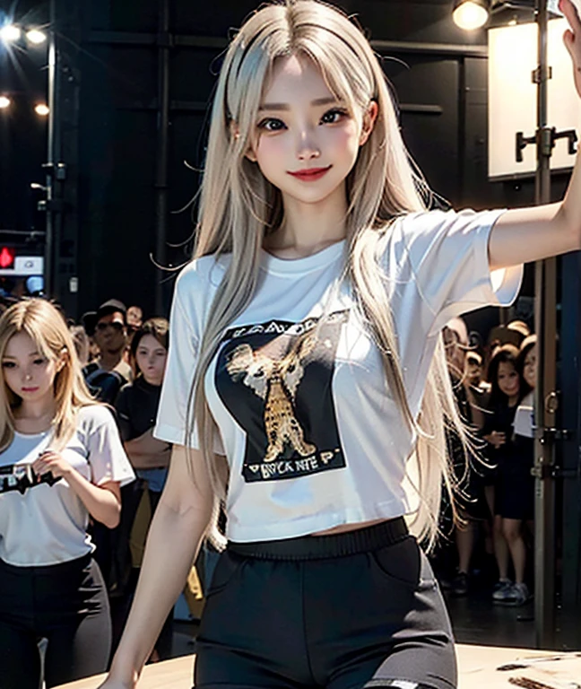 Masterpiece, high detailed, realistic, ultra realistic, ((hyper realistic)), woman with long hair, white hair color, ((cheetah skin t shirt / black short pant)), smile, 16k,