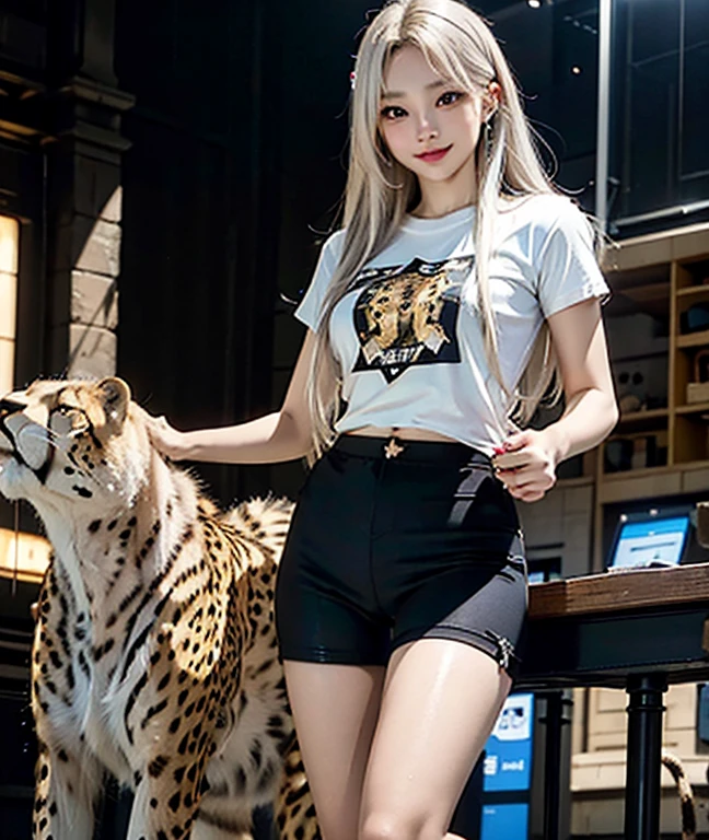 Masterpiece, high detailed, realistic, ultra realistic, ((hyper realistic)), woman with long hair, white hair color, ((cheetah skin t shirt / black short pant)), smile, 16k,