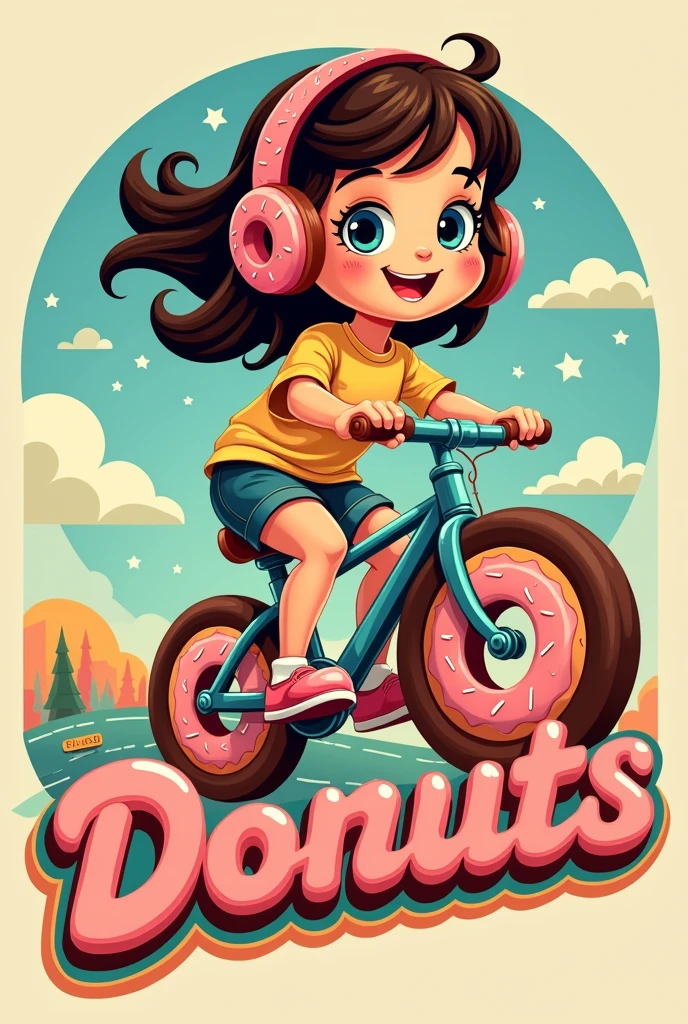 I want an image of vintage style fast food letters that says babydonuts, copying designs from fast food franchises, and in the background I want to see a girl on a bike with donut wheels and donut headphones that is colorful and eye-catching. 