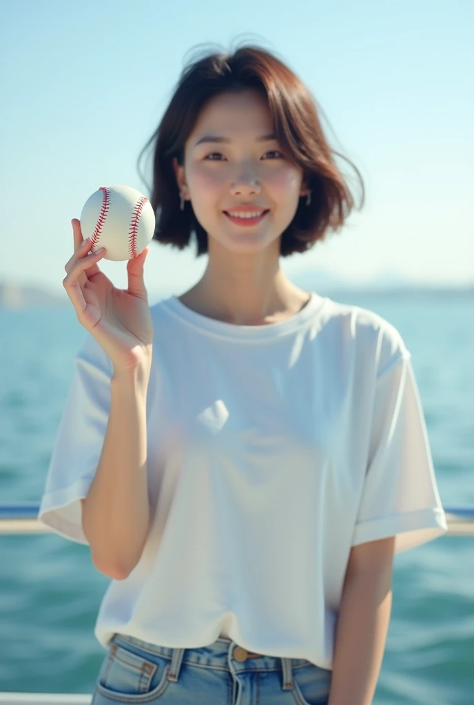Highly realistic 8k photos, reservoir background, Hold the baseball with one arm raised high next to your body and in plain view., Korean woman, Wearing a blue T-shirt and a blue jacket on top, Wearing jeans, standing face to face, Looking at the camera, short hair, A little smile, Full focus