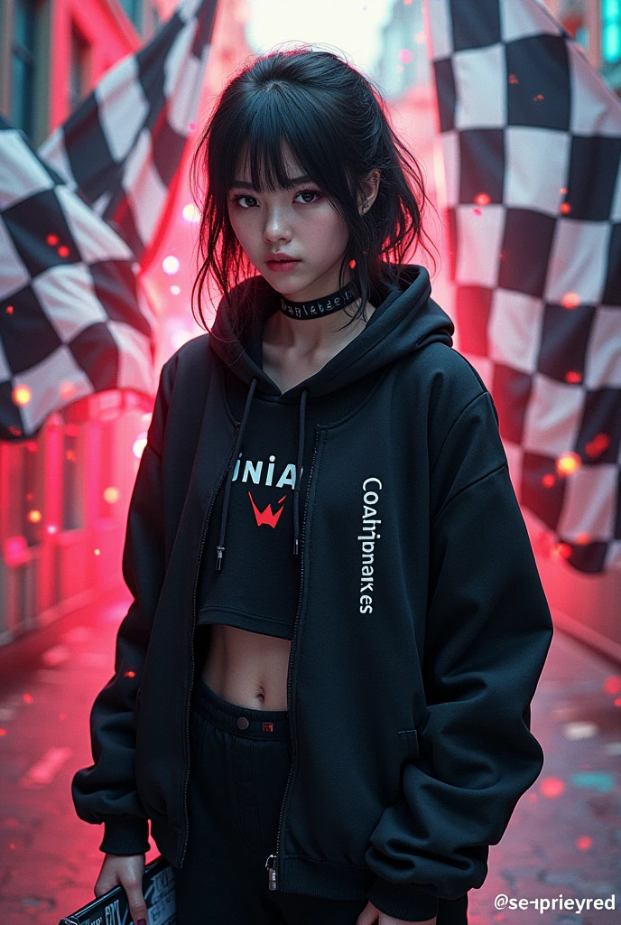 Girl dressed in Alan Walker's suit with a logo with the name S-APRIEYRED surrounded by paintings of checkered flags,and with a book in hand