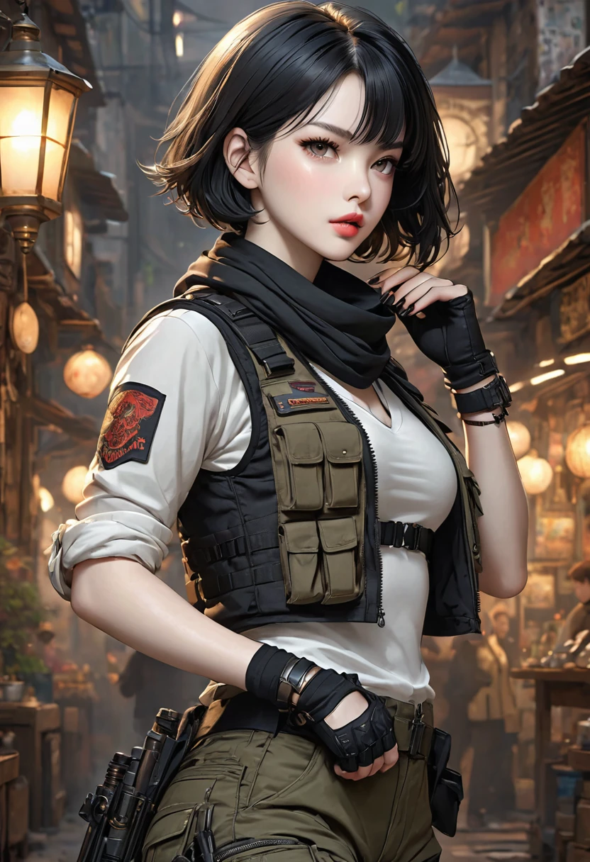 ((best quality)), ((artwork)), ((extremely detailed face)), ((perfect lighting)), ((extremely detailed CG)), ((perfect hands, perfect anatomy)) [Appearance= 20 y.o; 5'8” tall; short black bob hair; brown eyes, pale skin, plump lips, slightly muscular, diamond face, hourglass body, dark painted nails
Personality= ISTP, femme fatale
Reputation= great professional
Occupation= assassin
Clothing= form-fitting tactical vest, cargo pants, fingerless gloves, ascot scarf, combat boots]

