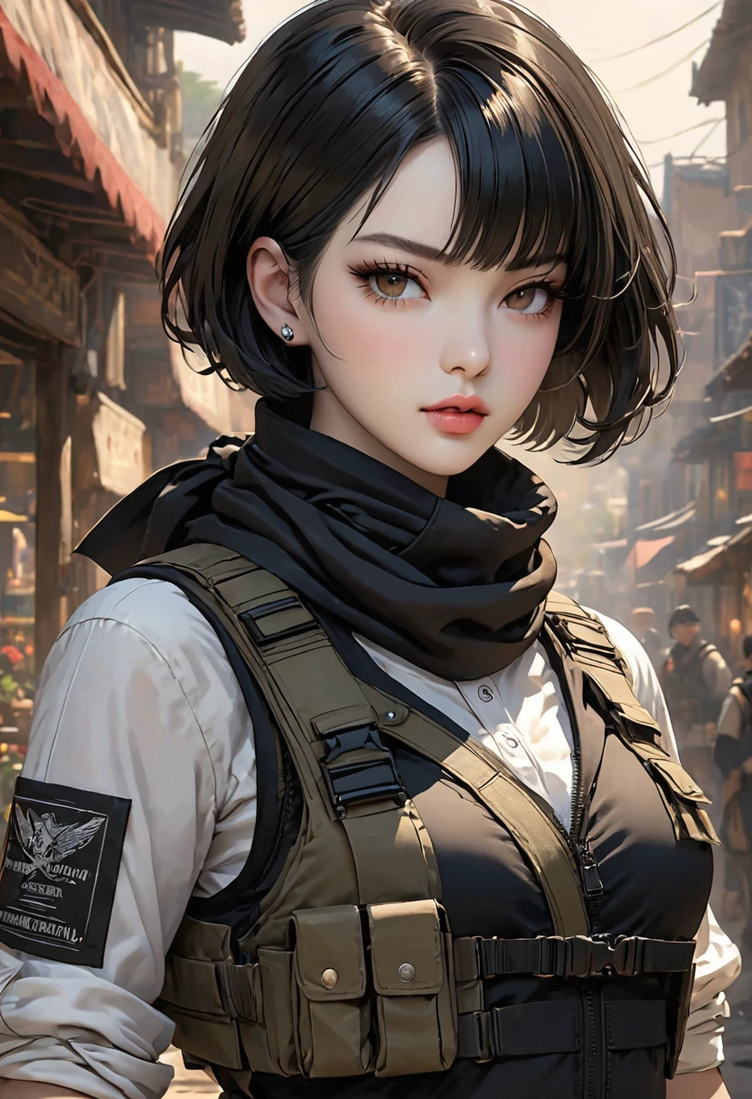 ((best quality)), ((artwork)), ((extremely detailed face)), ((perfect lighting)), ((extremely detailed CG)), ((perfect hands, perfect anatomy)) [Appearance= 20 y.o; 5'8” tall; short black bob hair; brown eyes, pale skin, plump lips, slightly muscular, diamond face, hourglass body, dark painted nails
Personality= ISTP, femme fatale
Reputation= great professional
Occupation= assassin
Clothing= form-fitting tactical vest, cargo pants, fingerless gloves, ascot scarf, combat boots]

