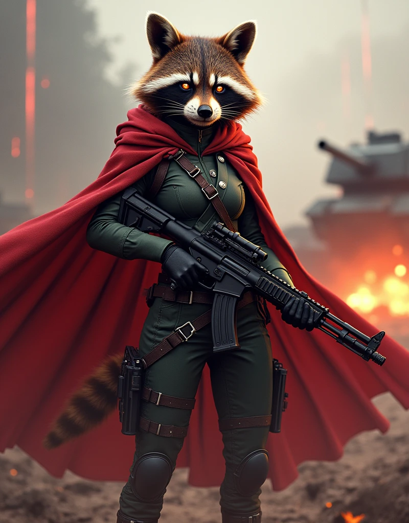 A female raccoon with flaming eyes wearing a female military uniform with cape in a war zone with a tank in the background holding a powerful machine gun with a victorious red color aura
