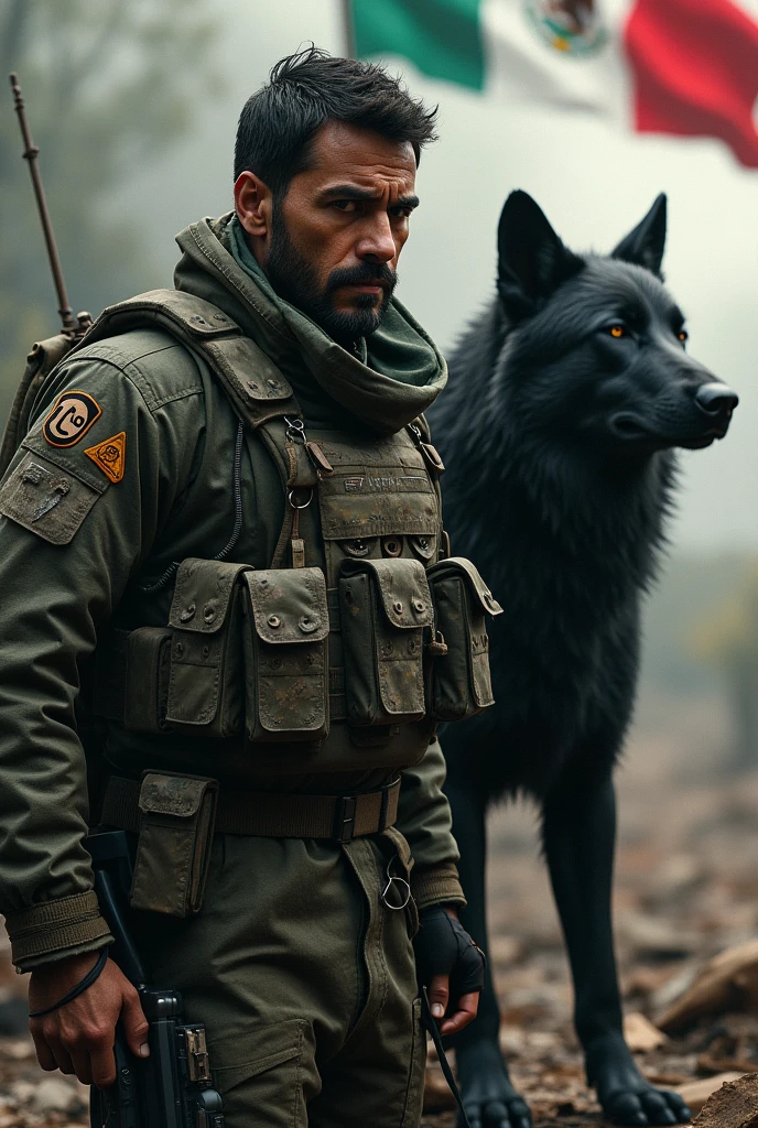 Fondo de CALL OF DUTY y bandera de México un enfermo con su uniforme acompañado de un lobo negro y con letras en grande BIt isLCIt isBÚ-Tk
L.It is.O It isnfermero Heriberto