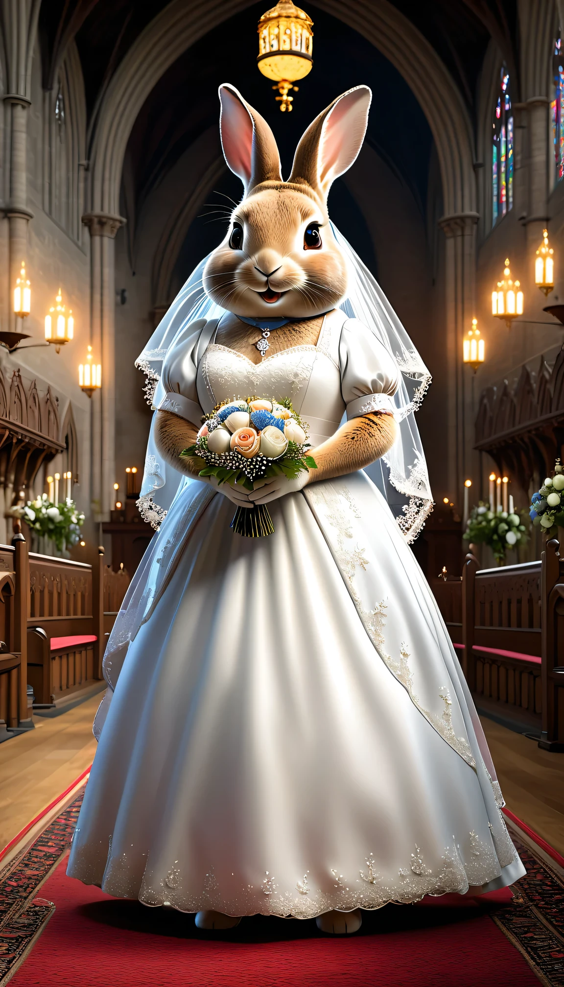 photorealistic portrait of Dressed animals - a ((fat)) Peter rabbit bride,(elegant pose),(happy smile),(furry), (hands on hips:1.5),high quality,(lovely) ,intricate details, highly detailed (gothic wedding dress)),wearing short skirt and opera globes ,wearing highly detailed veil, highly detailed decorations , (happy), perfect lighting,(full body image:2.0),in church background,