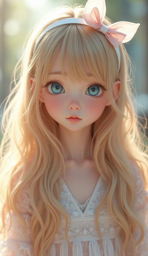 A girl with long hair,头发上系着粉色Ribbon,The overall style is light white and sky blue,Kawaii style,muted pastels,Ethereal Portraiture, Long blond hair,Long wavy hair,Bow,Headband,Blue Eyes,白色Bow,dress,Ribbon,Add some details,Make the picture richer,Clear facial features,Upper body close-up,动漫Realistic style,primary color,Photography,Movie Effects,Movie Background,Movie Feel,Realistic style,High-definition quality,high quality,masterpiece,best quality,Ultra Detailed,Adding details,high resolution,Clarity Enhancement,Detail Enhancement,极high resolution,Clear facial features,Increase facial detail,Increase eye detail