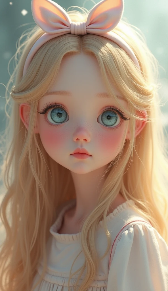 A girl with long hair,头发上系着粉色Ribbon,The overall style is light white and sky blue,Kawaii style,muted pastels,Ethereal Portraiture, Long blond hair,Long wavy hair,Bow,Headband,Blue Eyes,白色Bow,dress,Ribbon,Add some details,Make the picture richer,Clear facial features,Upper body close-up,动漫Realistic style,primary color,Photography,Movie Effects,Movie Background,Movie Feel,Realistic style,High-definition quality,high quality,masterpiece,best quality,Ultra Detailed,Adding details,high resolution,Clarity Enhancement,Detail Enhancement,极high resolution,Clear facial features,Increase facial detail,Increase eye detail
