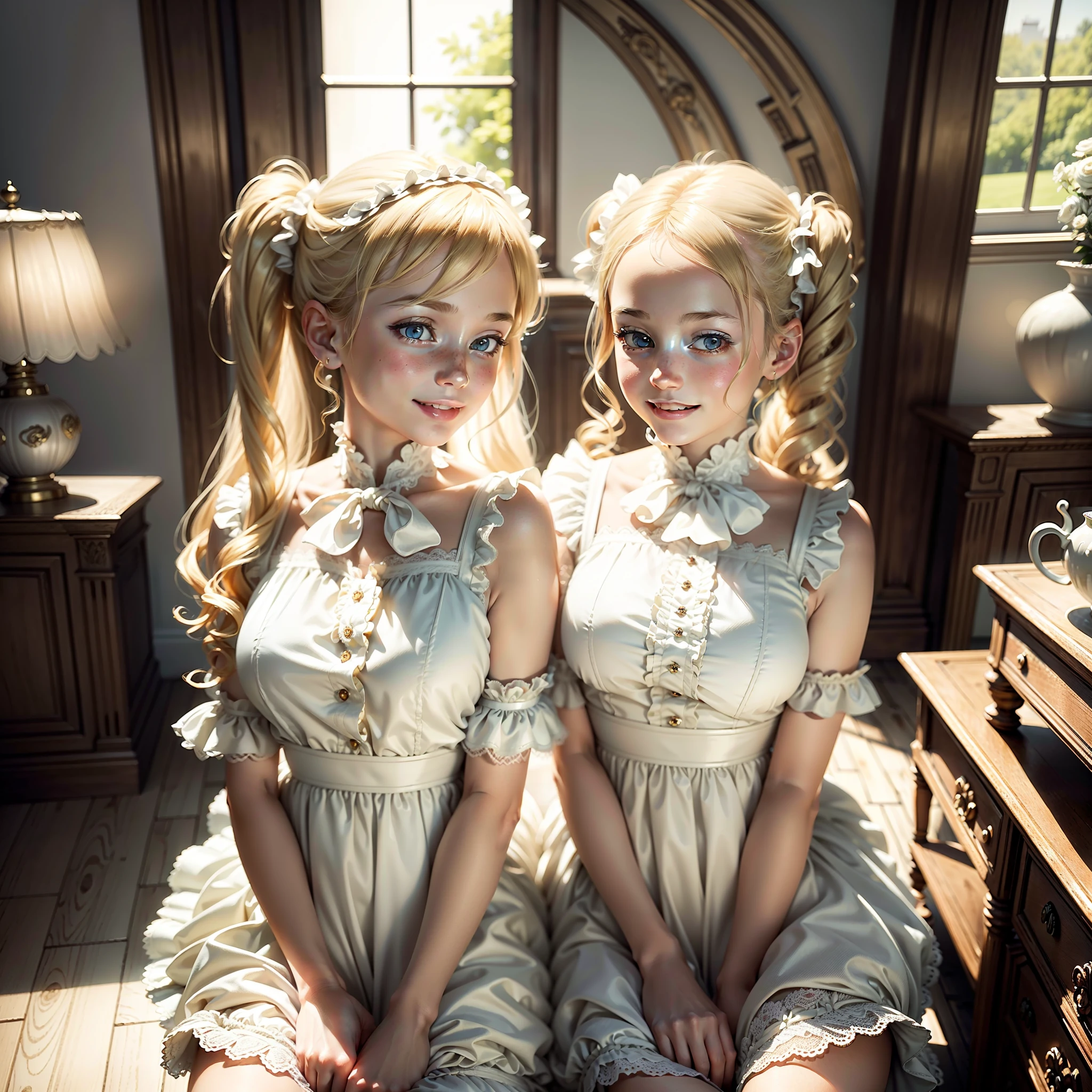 Best quality, masterpiece, ultra high res, (photo realistic:1.4), antique mansion interior background, image of beautiful British twin girls in frilly white luxurious dresses, blonde hair, twin tails, slender body, about , smile, cuddle,