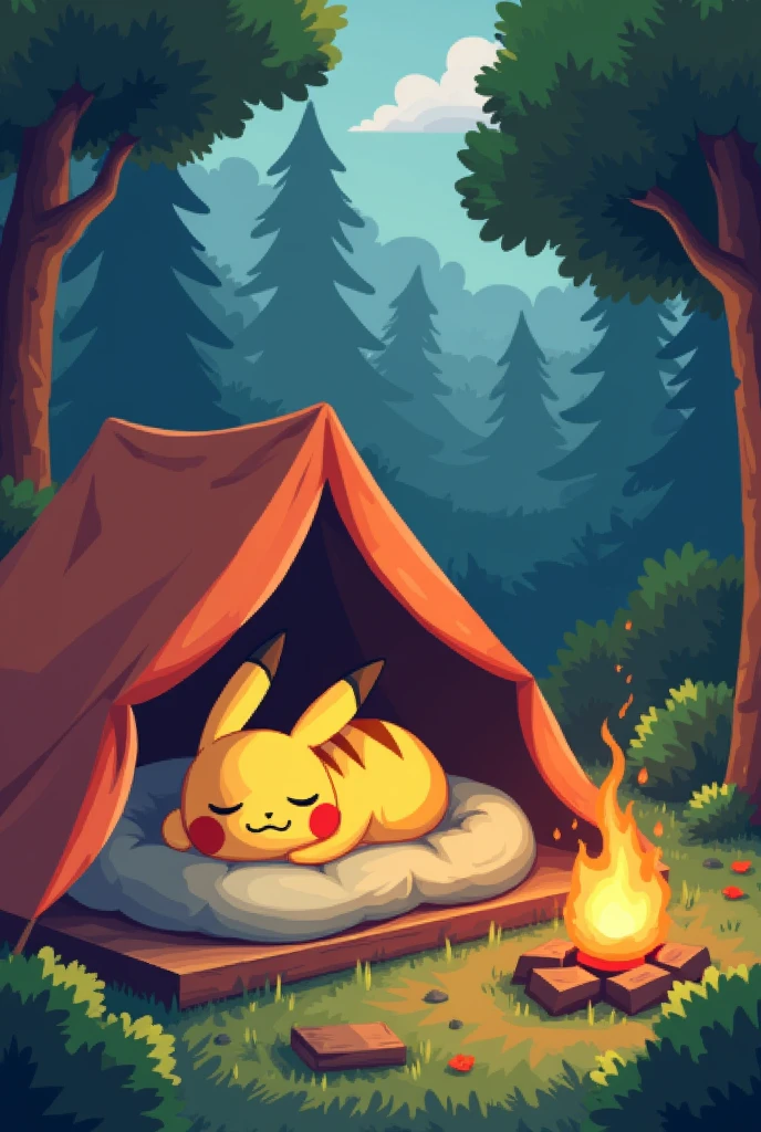 Pikachu resting in a tent at a campsite、Pixel artで表現、Pixel art、An illustration