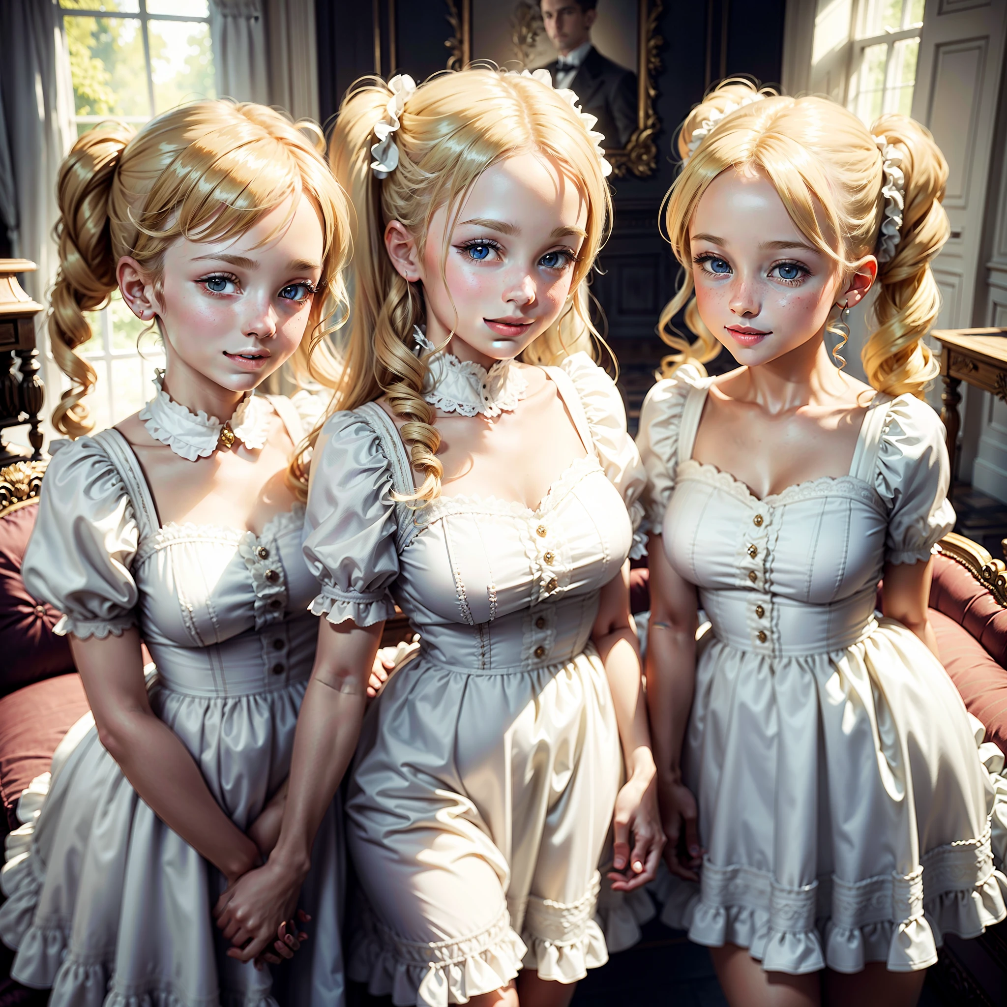 Best quality, masterpiece, ultra high res, (photo realistic:1.4), antique mansion interior background, image of beautiful British twin girls in frilly white luxurious dresses, blonde hair, twin tails, slender body, about , smile, cuddle,