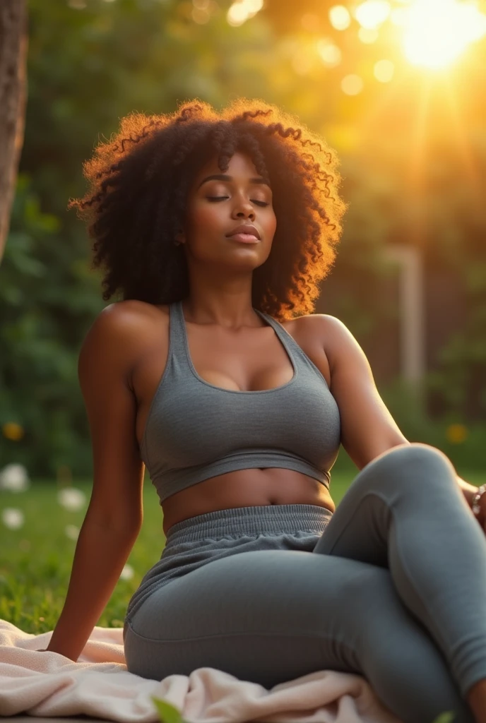 Black woman sunbathing in comfortable workout clothes