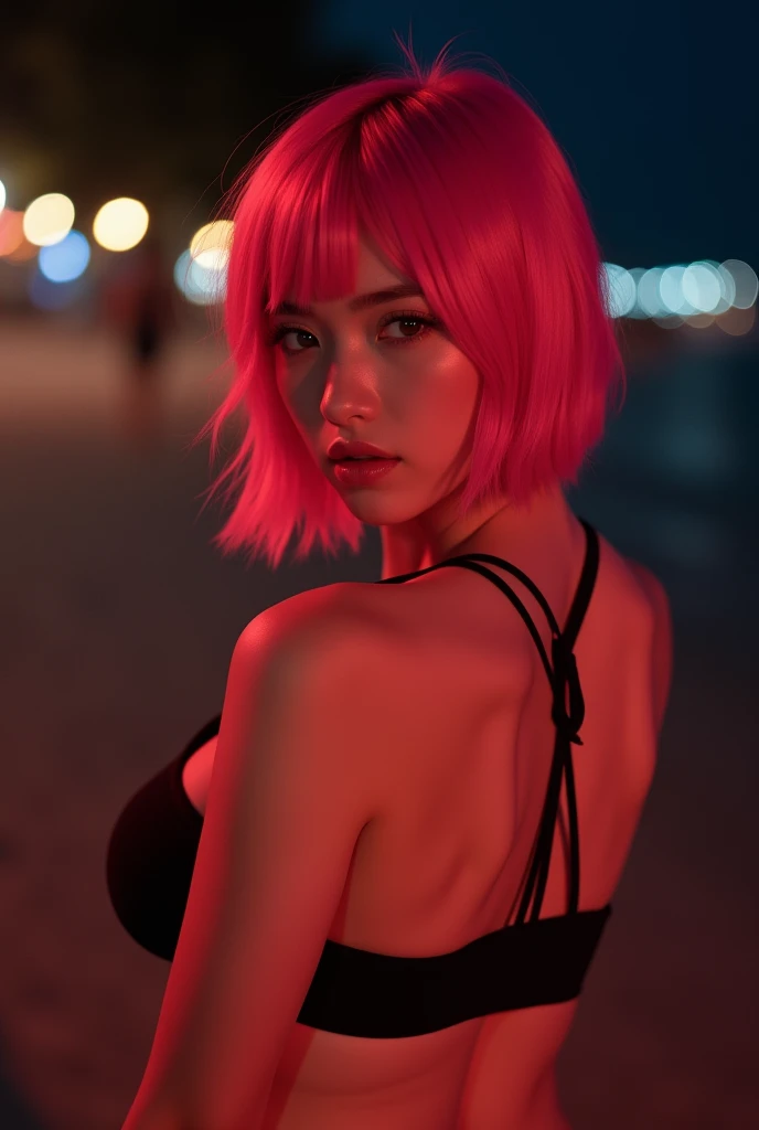 1woman, (Realisitc:1.5) korean woman, dark eyes, bright pink hair, wolfcut haircut, black bikini, high definition, realistic, at a beach , red lighting, night setting, beach, night, very realistic, 4k,