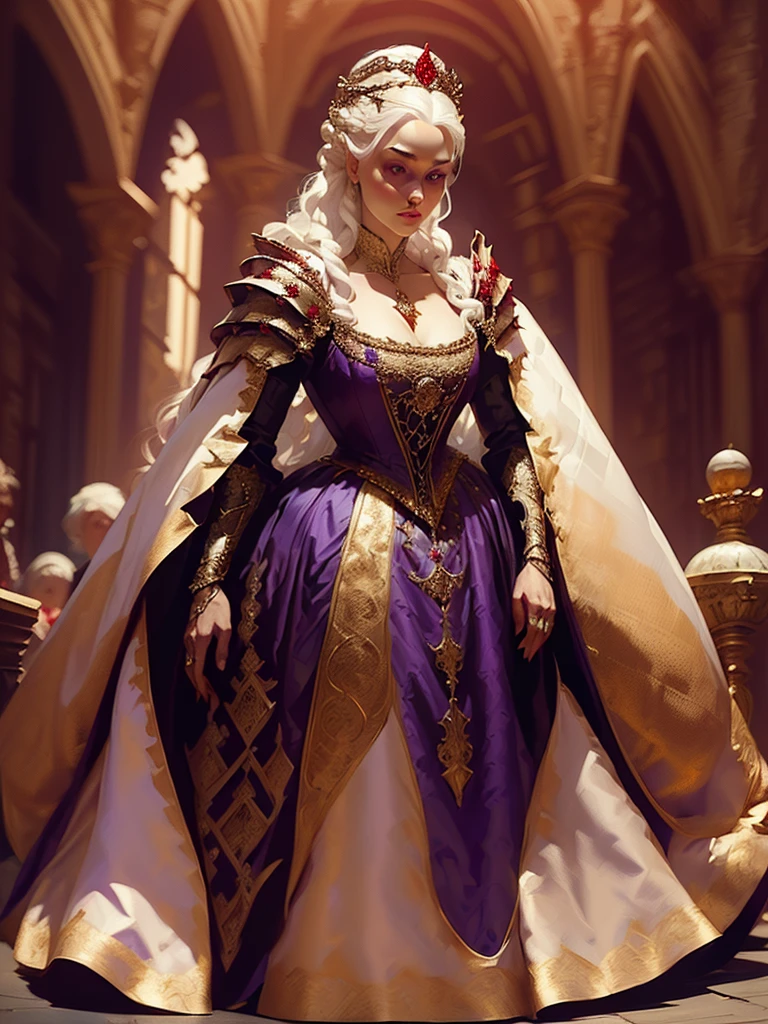 Beautiful albino woman with detailed medieval hairstyle (silky hair)(updo) (white hair,wearing detailed medieval gown (red and black colours), with gold accessories and gold tiara, medieval queen, medieval woman,queen,game of thrones style,daenerys targaryen style, high quality, very detailed,hd quality, masterpiece ((purple eyes))