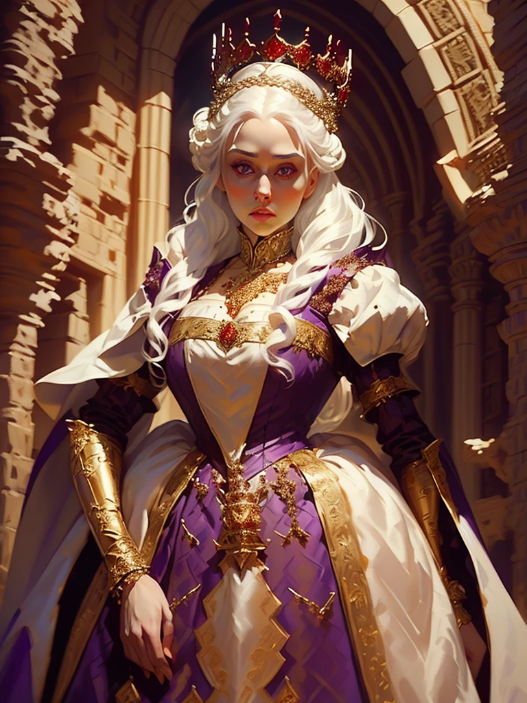 Beautiful albino woman with detailed medieval hairstyle (silky hair)(updo) (white hair,wearing detailed medieval gown (red and black colours), with gold accessories and gold tiara, medieval queen, medieval woman,queen,game of thrones style,daenerys targaryen style, high quality, very detailed,hd quality, masterpiece ((purple eyes))