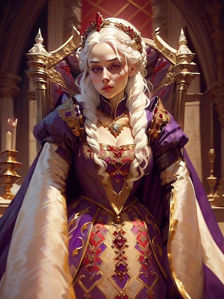 Beautiful albino woman with detailed medieval hairstyle (silky hair)(updo) (white hair,wearing detailed medieval gown (red and black colours), with gold accessories and gold tiara, medieval queen, medieval woman,queen,game of thrones style,daenerys targaryen style, high quality, very detailed,hd quality, masterpiece ((purple eyes))