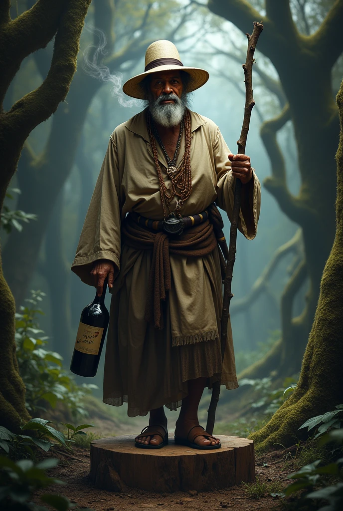 Master Zé da Risada in the catimbó of the Sacred Jurema, he likes white hat with a black line, he's not that young, likes angico pipe and uses a mucunã seed tab.
Mestre Zé da Risada is an imposing and charismatic figure of the Sacred Jurema. He is portrayed as a dark-skinned man, with a witty expression and sharp gaze, which reflects both his wisdom and his cunning.
He wears a white hat with a black stripe, a symbol of their authority and respect within spirituality. around the neck, sports a guide made of mucunã seeds, an element that represents your connection with nature and ancestral strength.
In one hand, firmly holds an angico pipe, from which smoke comes out with a confident posture, showing his mastery over the spiritual elements. In the other hand, he carries a bottle of wine, which he enjoys as part of his rituals and celebrations.
Zé da Risada is often represented in a mystical environment, like a dense forest, with ancient trees and deep shadows, where his presence makes the environment vibrate with energy. He is seen stepping on a wooden stump, that seems to shake or tremble under its power, symbolizing your ability to influence and shape the reality around you.
His expression is both friendly and firm., showing that, although I am willing to help, does not tolerate disrespect or frivolity. The combination of these elements makes Mestre Zé da Risada a respected and feared figure., a spiritual guide who does not hesitate to defend what is his.
