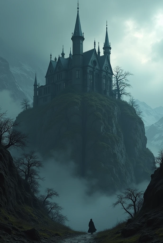 The black mansion is on the mountain.
