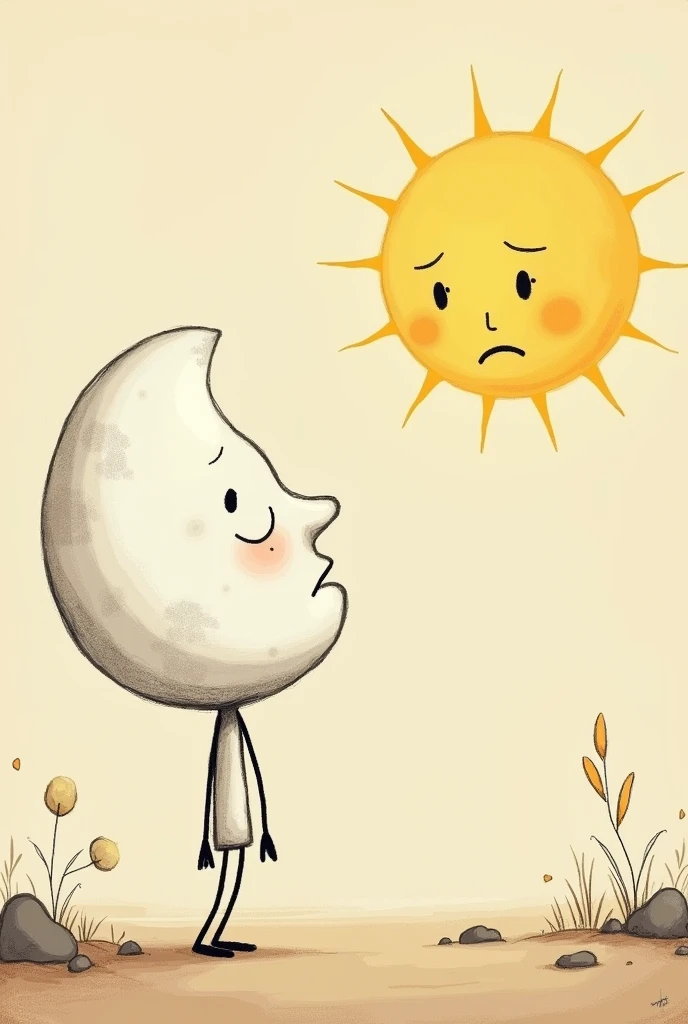 Create a drawing of the moon by getting to know the sun, The moon is kind of sad that the drawing is animated and that they have stick arms and legs., that it be in a medium plane 