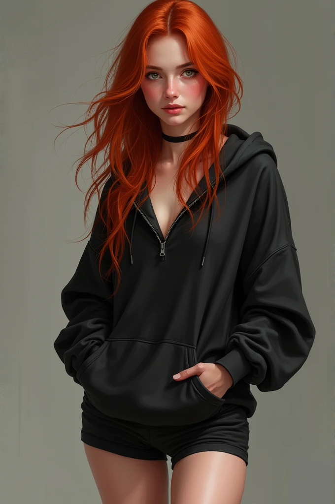 Draw a high school girl with red hair, long hair, wearing a black hoodie, black shorts, and no underwear