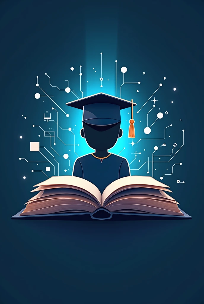 Generate a logo where a book and a person appear above in simple animation mode with a mortarboard, and some lines around it that imitate the connections and networks of technology. That it looks professional and at the same time it looks pretty 



