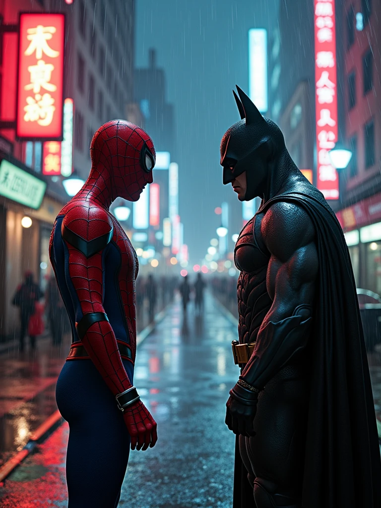 a cinematic full body shot of Spider Man superhero, a Batman in a dark superhero suit, an epic fight in a rainy Gotham City at night, raindrops and puddles, high-detailed hero outfits, 4k, hyper-realistic, masterpiece, cinematic lighting, dramatic action, dramatic weather, dramatic effects, neon city lights, heavy rain