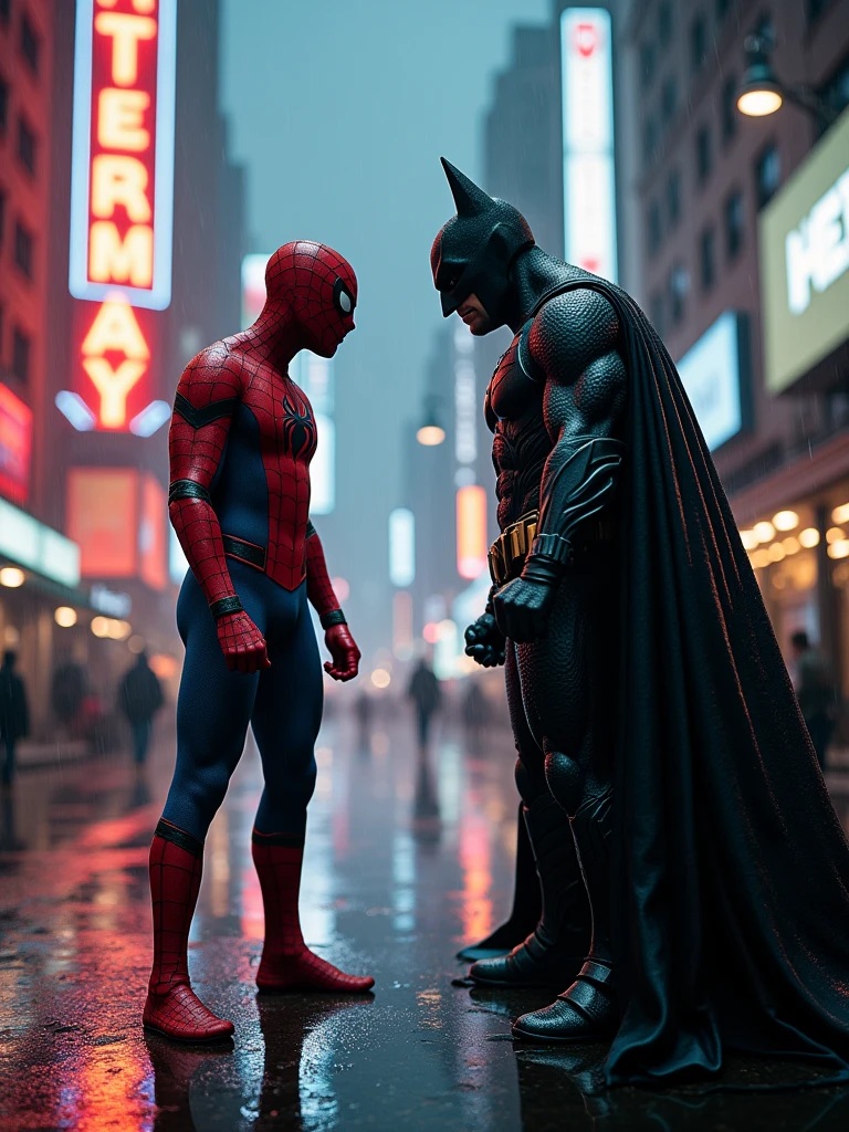 a cinematic full body shot of Spider Man superhero, a Batman in a dark superhero suit, an epic fight in a rainy Gotham City at night, raindrops and puddles, high-detailed hero outfits, 4k, hyper-realistic, masterpiece, cinematic lighting, dramatic action, dramatic weather, dramatic effects, neon city lights, heavy rain