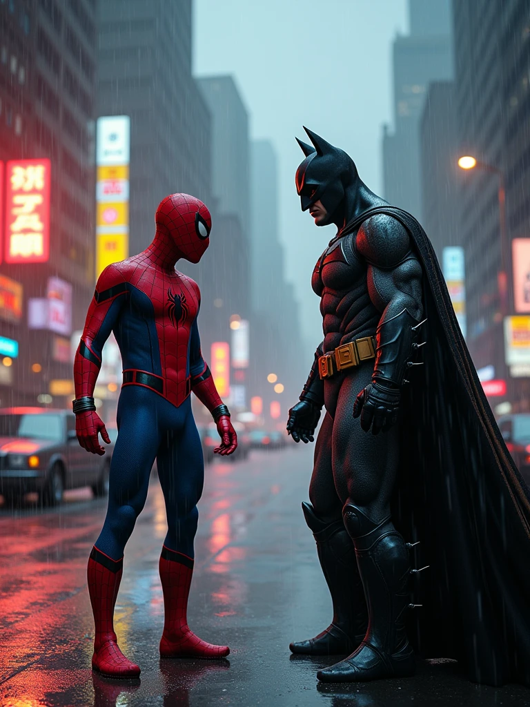 a cinematic full body shot of Spider Man superhero, a Batman in a dark superhero suit, an epic fight in a rainy Gotham City at night, raindrops and puddles, high-detailed hero outfits, 4k, hyper-realistic, masterpiece, cinematic lighting, dramatic action, dramatic weather, dramatic effects, neon city lights, heavy rain