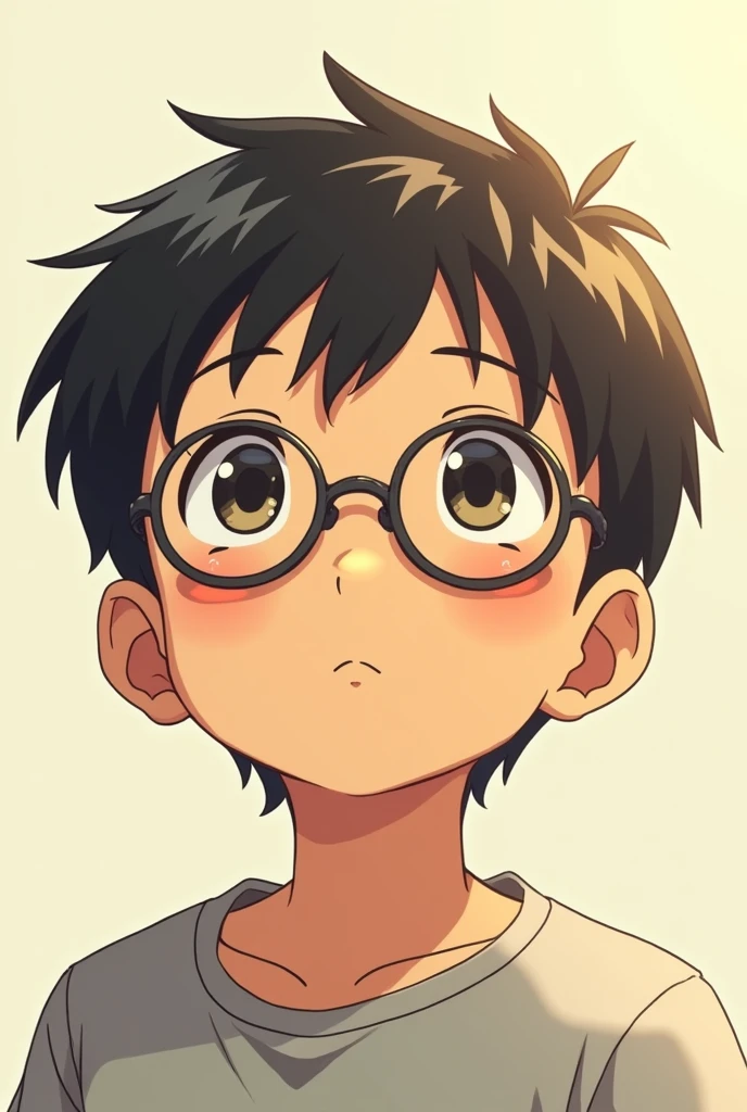 anime boy looking up with round glasses. Skin is tan