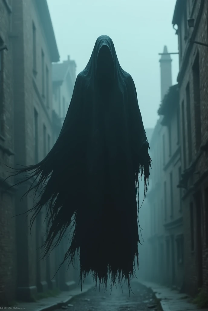 A sinister and ghostly Dementor suspended floating in the air with a dirty and ragged black cloak so dark that you can't see his face the cold night wind blows only For him, there is a thick fog on the street, From the old city that seems forgotten, 