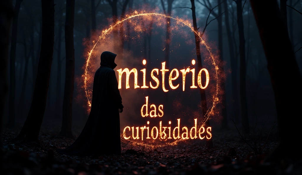 Create a YouTube banner for a channel named 'Mistério das Curiosidades.' The banner should evoke a sense of mystery and exploration, using a dark and atmospheric color scheme with deep blues, blacks, and hints of gold. Include elements such as a mysterious forest, an ancient map, or a shadowy figure in the background. The channel name should be prominently displayed in a bold, elegant font, with subtle details like glowing or foggy effects to enhance the enigmatic feel. The overall design should draw viewers in, promising intriguing content full of secrets and curiosities.