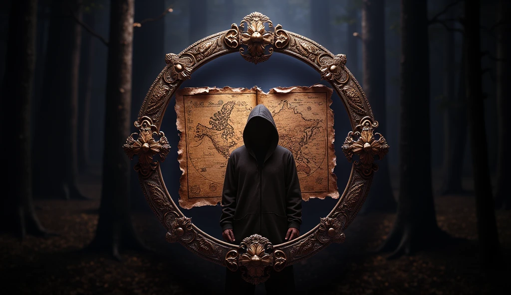 Create a YouTube banner for a channel named 'Mistério das Curiosidades.' The banner should evoke a sense of mystery and exploration, using a dark and atmospheric color scheme with deep blues, blacks, and hints of gold. Include elements such as a mysterious forest, an ancient map, or a shadowy figure in the background. The channel name should be prominently displayed in a bold, elegant font, with subtle details like glowing or foggy effects to enhance the enigmatic feel. The overall design should draw viewers in, promising intriguing content full of secrets and curiosities.