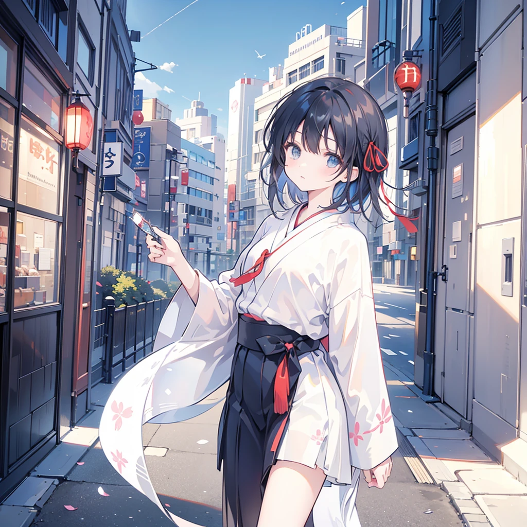1 Girl,Bangs,Black_hair,blue_sky空,bridge,architecture,castle,City,Cityscape,cloud,sky,skirt,Watching_exist_Viewer,outdoor,Red_tie,Red_Ribbon,Ribbon,river,short_hair,short_sleeve,sky空,sky空scraper,Solitary,permanent,town,wexister,(masterpiece,Japanese cartoons,newest,new,exception:1.2),
