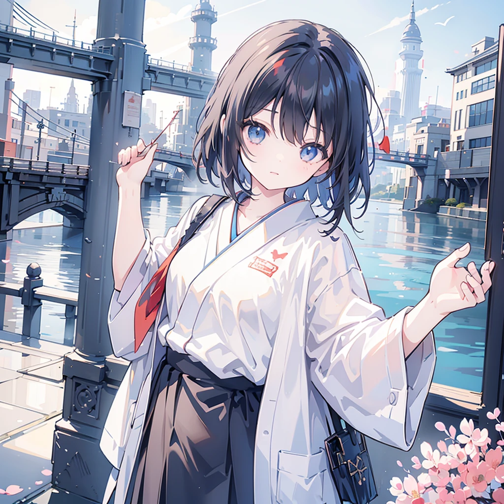 1 Girl,Bangs,Black_hair,blue_sky空,bridge,architecture,castle,City,Cityscape,cloud,sky,skirt,Watching_exist_Viewer,outdoor,Red_tie,Red_Ribbon,Ribbon,river,short_hair,short_sleeve,sky空,sky空scraper,Solitary,permanent,town,wexister,(masterpiece,Japanese cartoons,newest,new,exception:1.2),