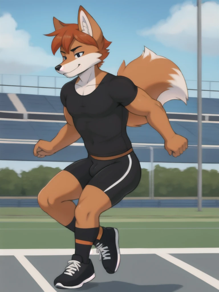 Furry, fox, male, black shirt, black spandex bike shorts, shoes, running track, solo, full body