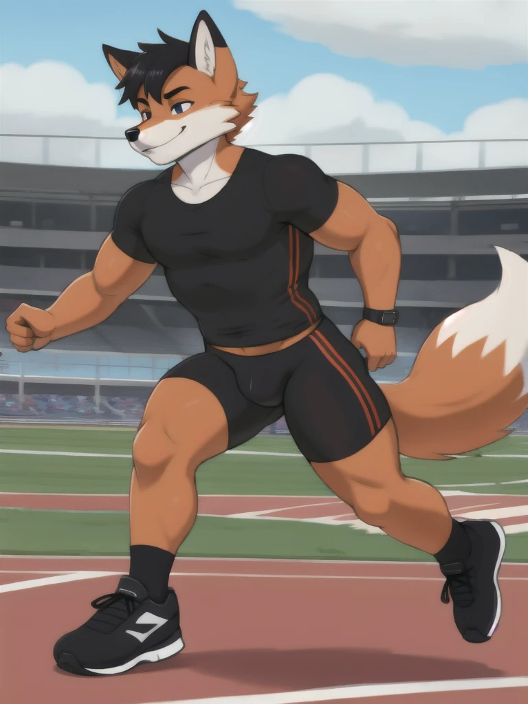 Furry, fox, male, black shirt, black spandex bike shorts, shoes, running track, solo, full body