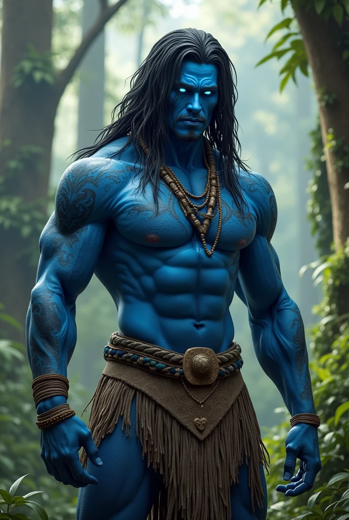 Create a realistic image of a handsome man. he is a muscular blue giant, with long black hair, has bright blue eyes, barba, tattoos on body, with indigenous clothing and the background image must be a forest