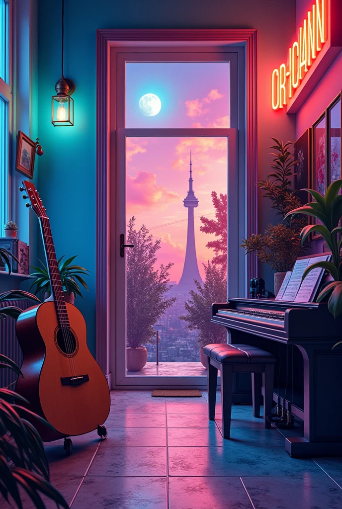 Create a dynamic YouTube profile banner for a music channel that covers multiple genres including electronic, acoustic, rock, lo-fi, and classical music. The design should blend elements from each genre: neon lights and abstract shapes for electronic, a cozy room with a guitar for acoustic, bold rock elements like guitars and flames, a calm lo-fi scene with a turntable and urban nightscape, and elegant classical touches like a grand piano and sheet music. Use a diverse color palette that includes electric blue, neon pink, soft browns, deep burgundy, and pastel hues.