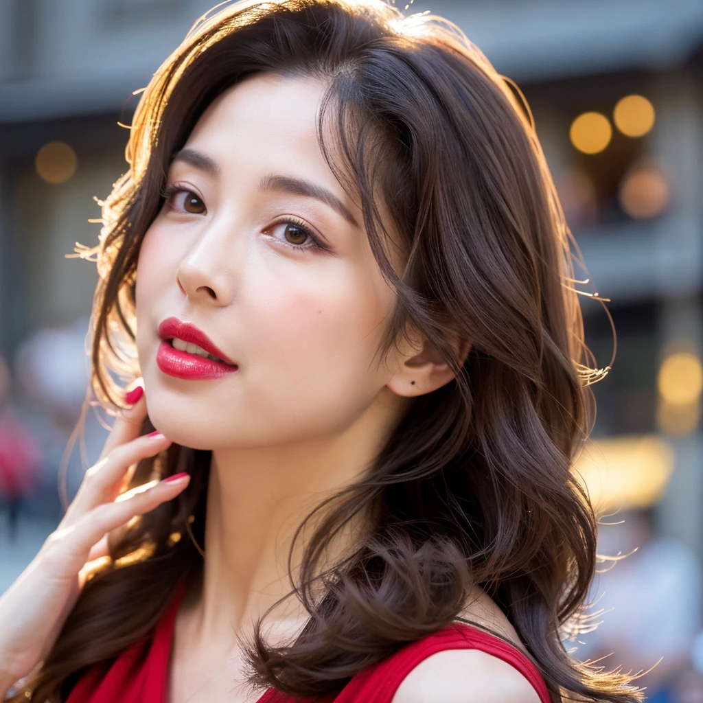 Beautiful mature woman with beautiful wavy long hair, Sexy Mature, Blowing a kiss, Red lipstick, Ultra-high resolution,(Realistic:1.4), ((Highest quality)), ((masterpiece)), (be familiar with),