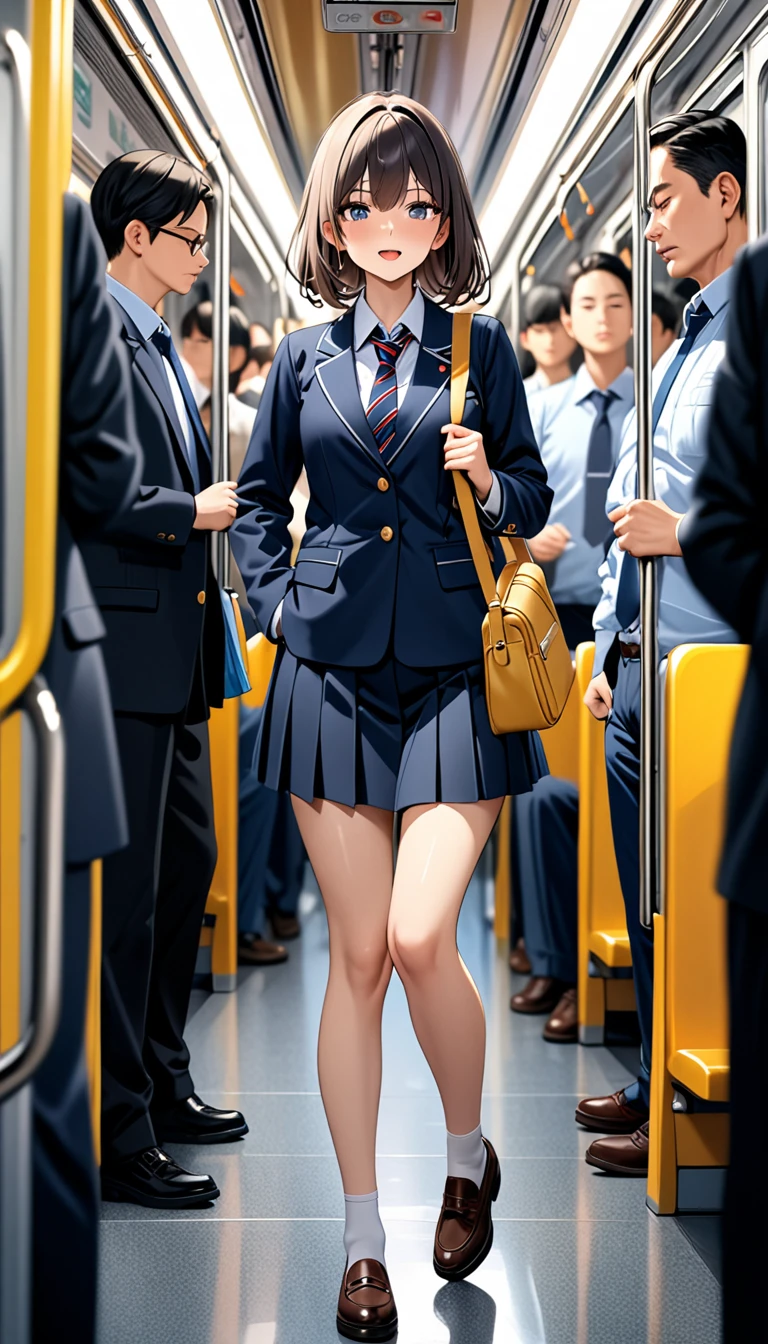 (Highest quality、masterpiece、Very detailed、4K)、One Woman、Primary school students、Take the train、Crowded train、(full)
