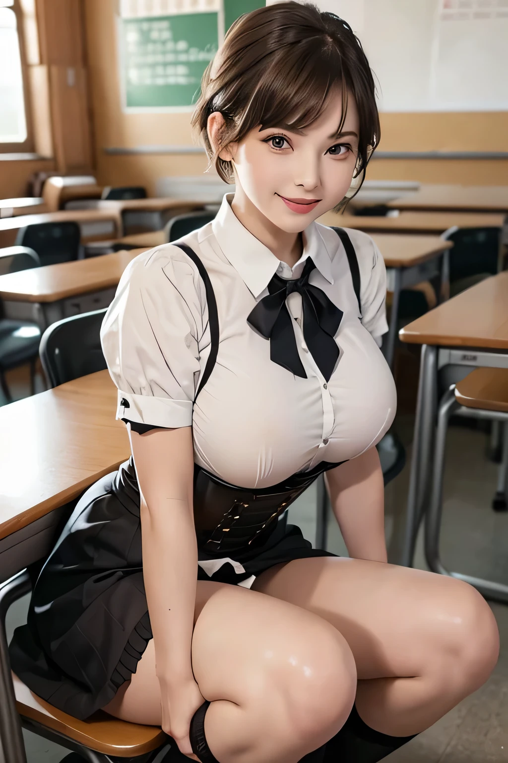 High school girls、Her haircut is a pixie haircut. Her hair looks like Amara Tenou. Her hair looks like Audrey Hepburn. Too big breasts、Breasts 20cm in diameter and 40cm in length、Oversized breasts that reach the navel、She wears a school uniform designed like a dirndl、Red ribbon at neck、White shirt、Brown Dirndl、Too beautiful girl、whole body、Visible from head to toe、Dark brown uniform、Cosplay photos showing the whole body、She brags about the clothes she wears、Japanese idol girl with big boobs、School classrooms. There's a corset-like thing attached to his waist. The corset is also brown. Corset is made of cloth. She wears sock garters on both legs. The color of the sock garters is black. Her shoes are leather loafers. The color of the shoes is brown. She is smiling. She is in a school classroom. She is lying on a desk in the classroom.
