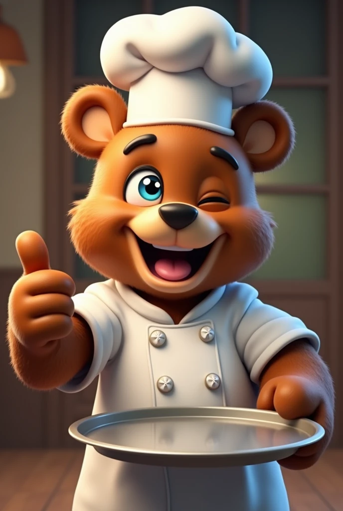 Animated chef bear with thumbs up, Closing one eye while holding an empty tray in the foreground