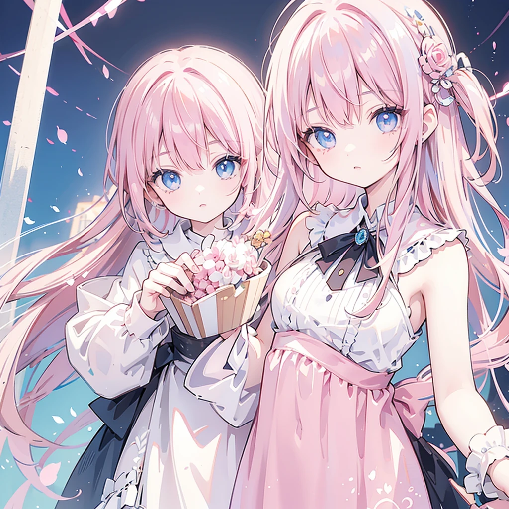 (Antique style, Girl: 1.2, Pink Hair: 1.1, blue eyes: 1.1, big eyes)